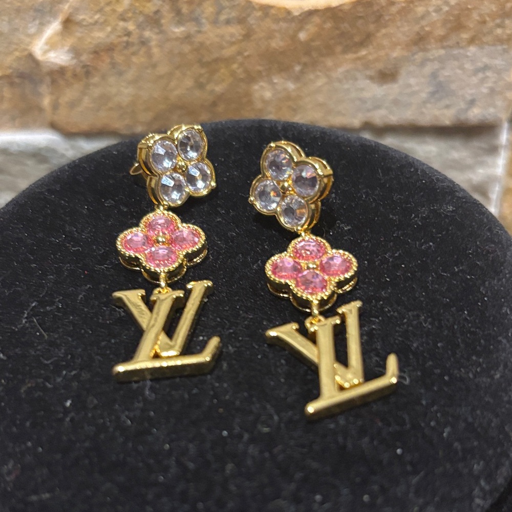 Gold and Pink Designer LV Logo Earrings